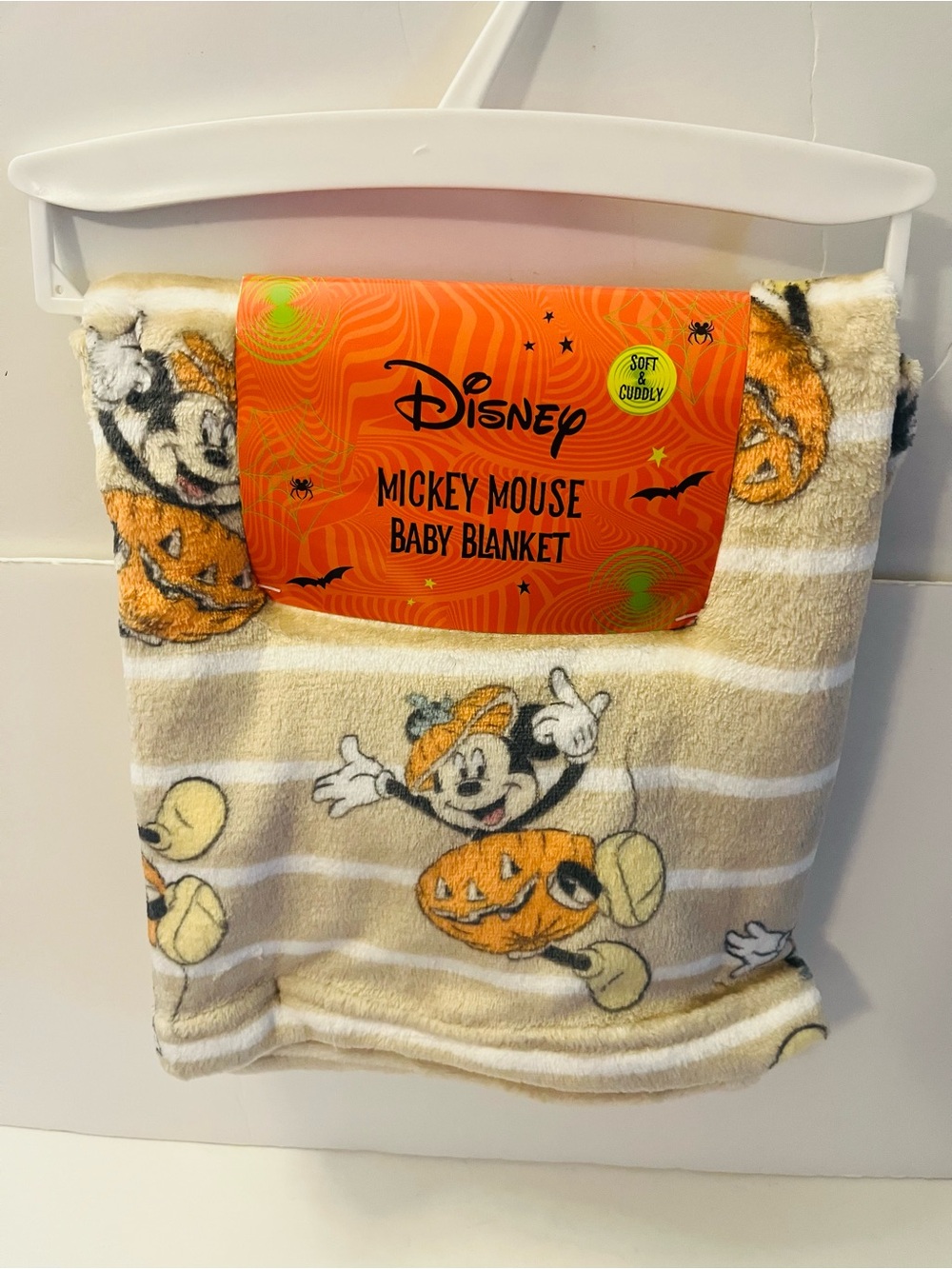Disney Mickey Mouse Soft Halloween Baby Blanket Tan White Stripes Pumpkin